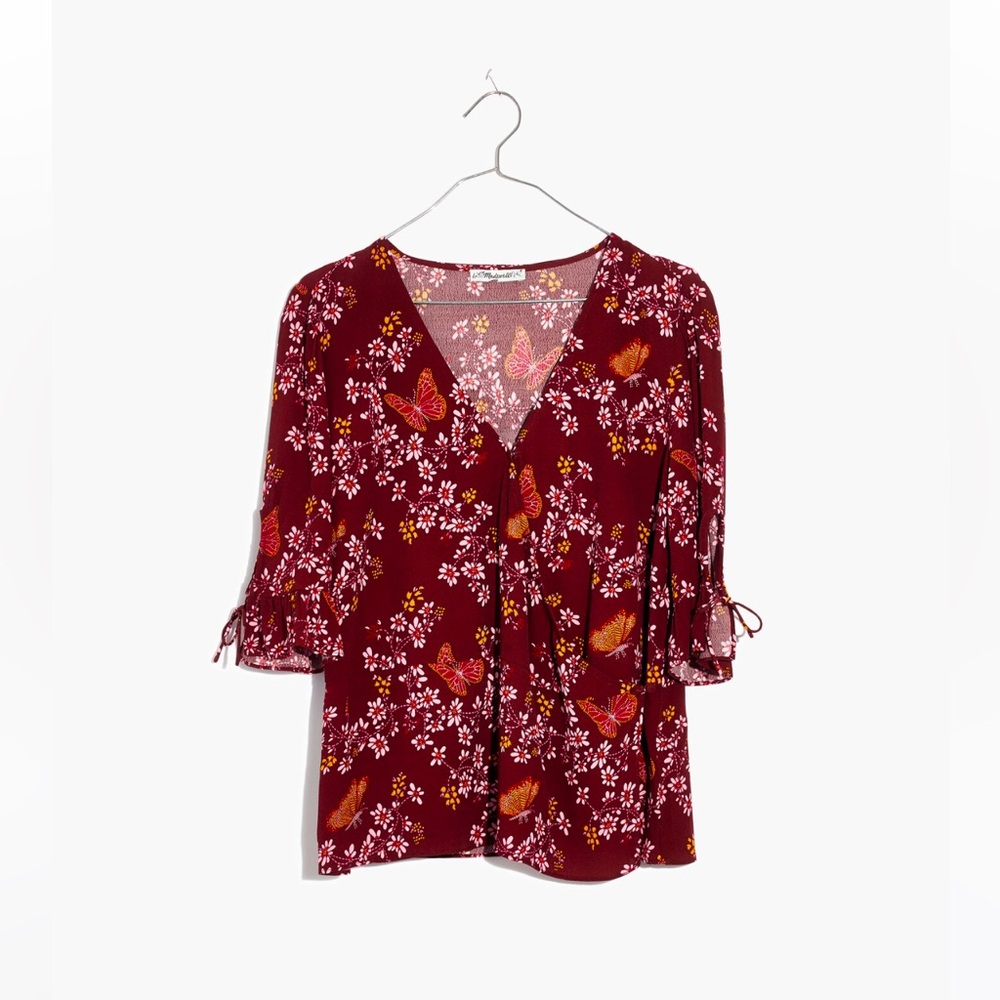 Madewell Tie-Sleeve Wrap Top in Butterfly Sanctuary Size 14 rich burgundy